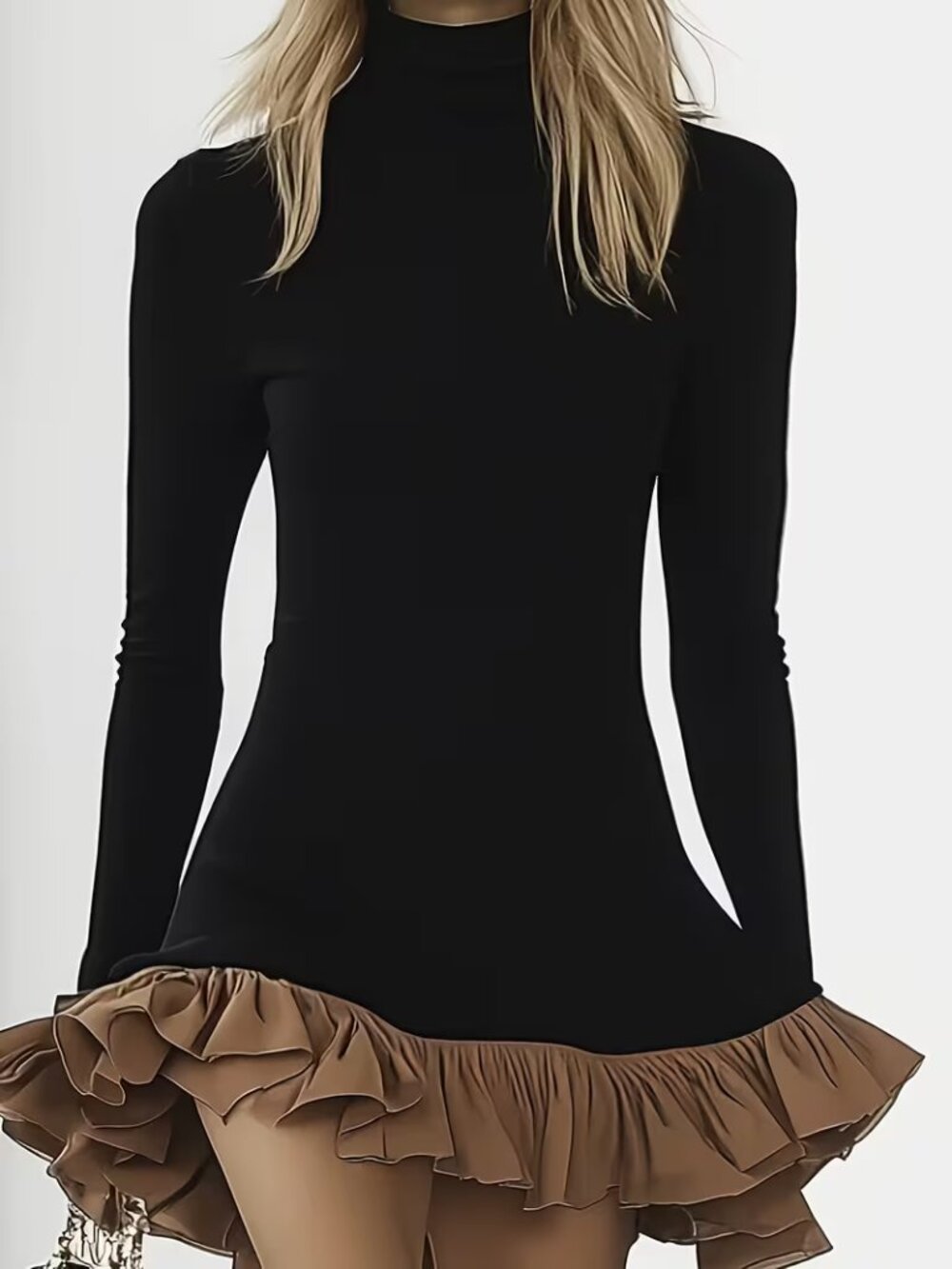 Ruffle Trim Turtleneck Mini Dress